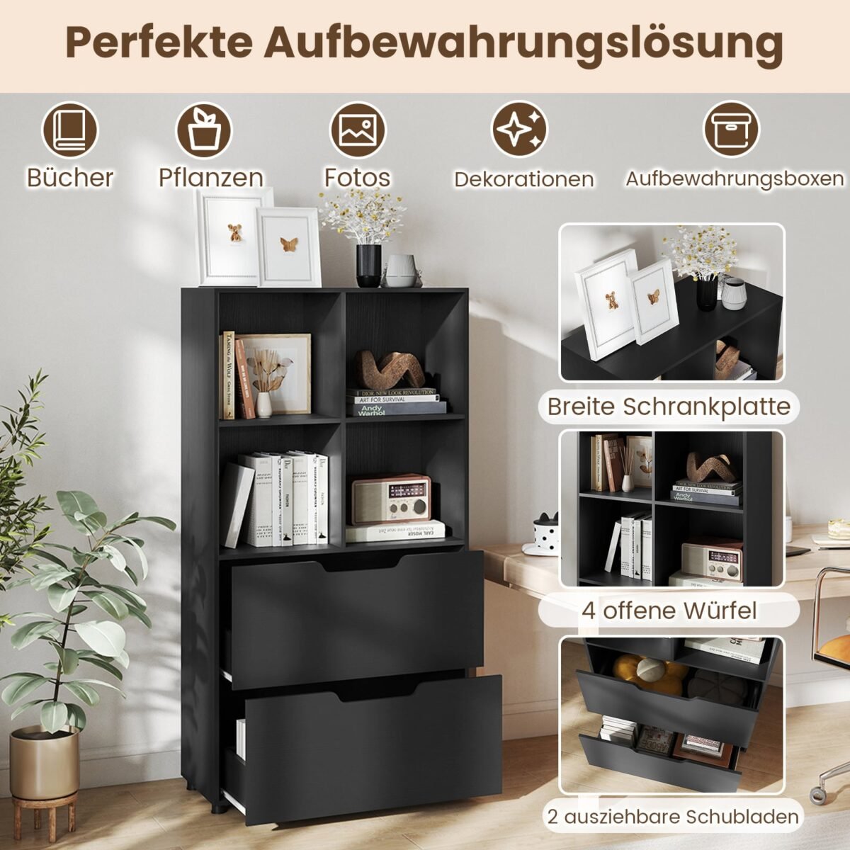 Laisvai pastatoma knygų lentyna su 4 kubeliais ir 2 stalčiais (Juoda) – Paveikslėlis 5