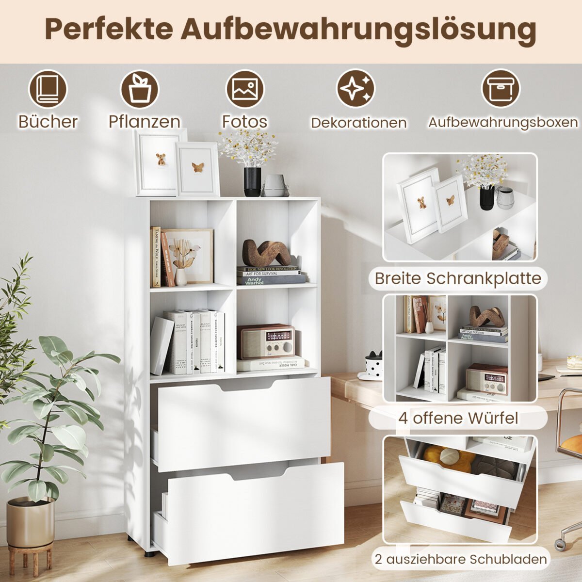 Laisvai pastatoma lentyna su 4 kubiniais skyriais ir 2 stalčiais (Balta) – Paveikslėlis 3