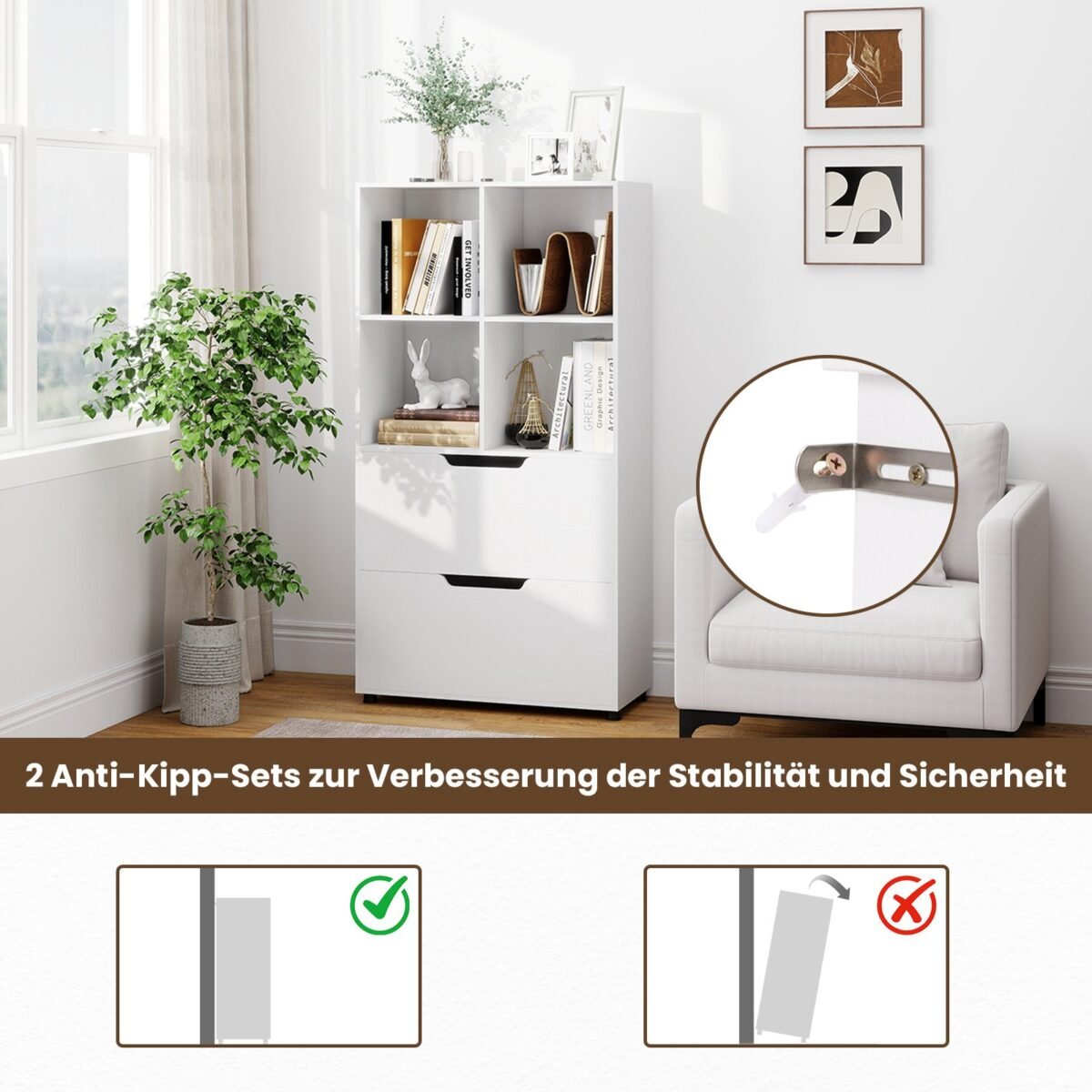 Laisvai pastatoma lentyna su 4 kubiniais skyriais ir 2 stalčiais (Balta) – Paveikslėlis 4