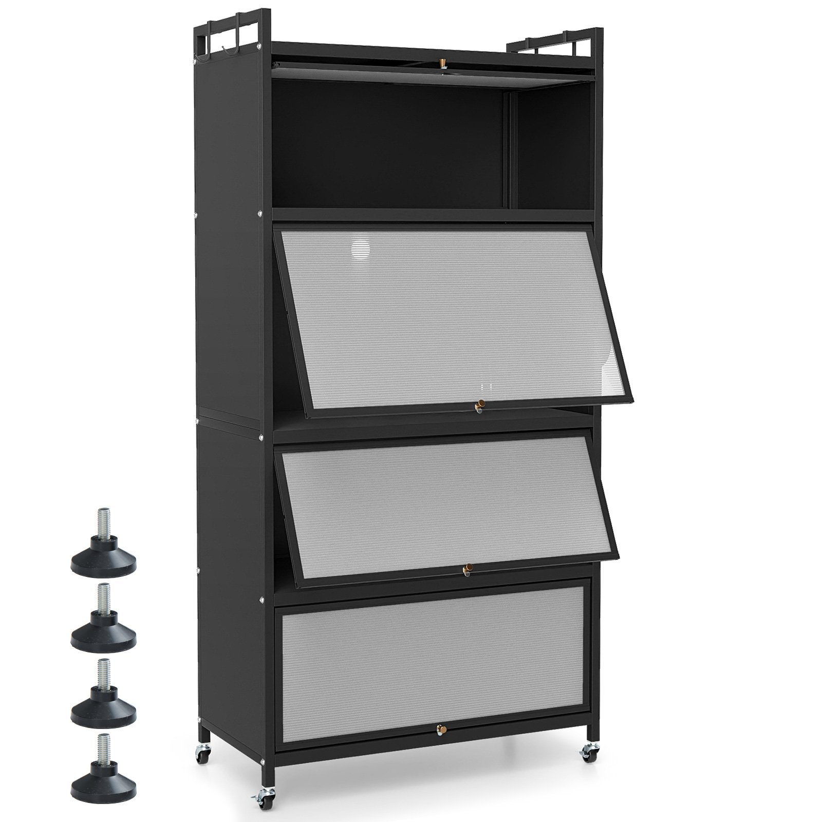 Laisvai pastatoma penkiaaukštė metalinė sandėliavimo spintelė su atlenkiamomis durimis (Juoda)