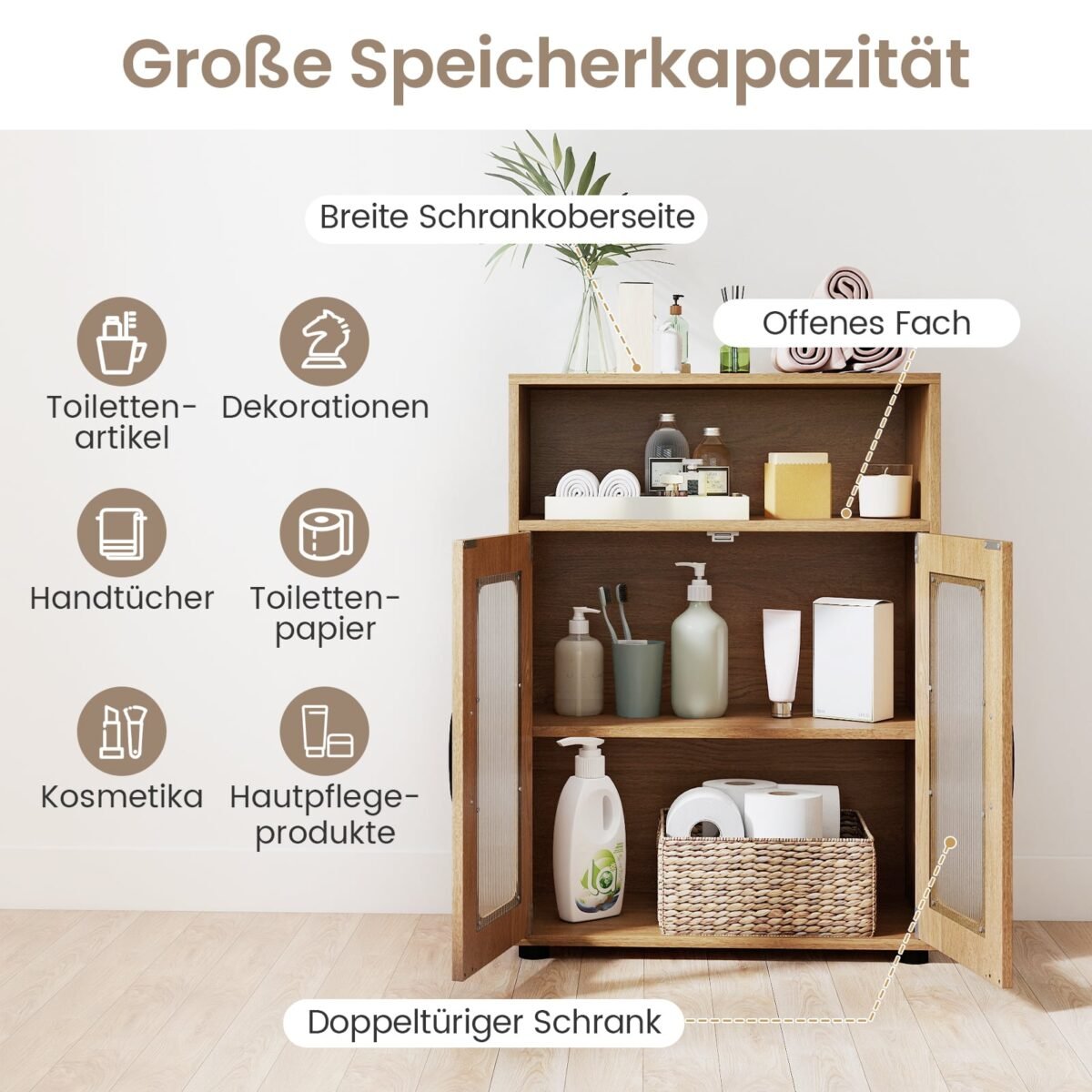 Laisvai pastatoma vonios spintelė su dviem durimis ir reguliuojama lentyna (Natūrali) – Paveikslėlis 3