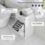 Laisvai pastatoma vonios spintelė su pakreipiama skalbinių dėže ir stalčiumi (Balta) – Paveikslėlis 3