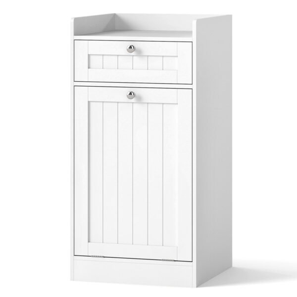 Laisvai pastatoma vonios spintelė su pakreipiama skalbinių dėže ir stalčiumi (Balta)