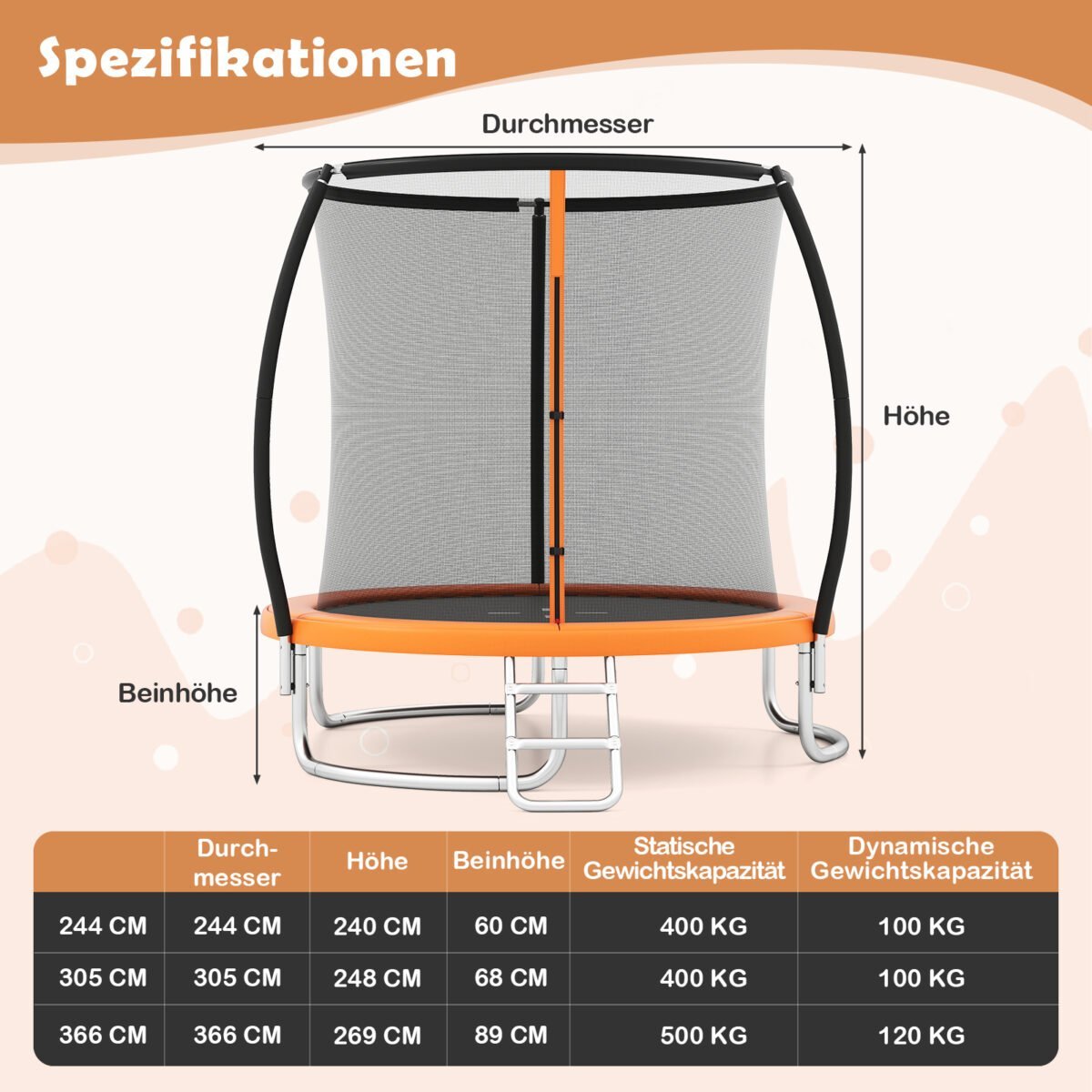 Lauko batutas su apsauginiu tinklu ir kopėčiomis Ø366 cm (Oranžinė) – Paveikslėlis 2