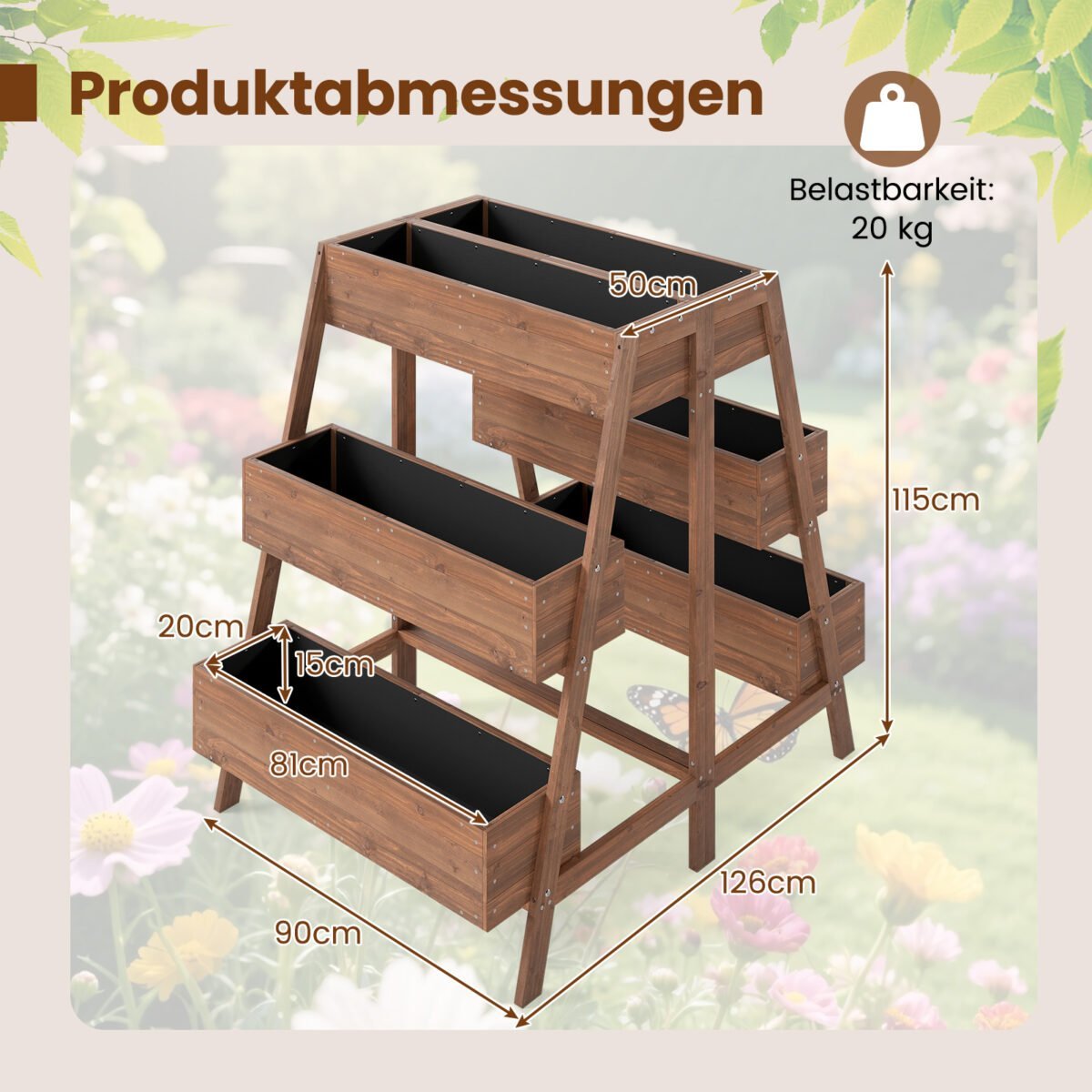 Medinė daugiaaukštė pakelta lysvė su 6 sodinimo dėžėmis (Natūrali) – Paveikslėlis 2