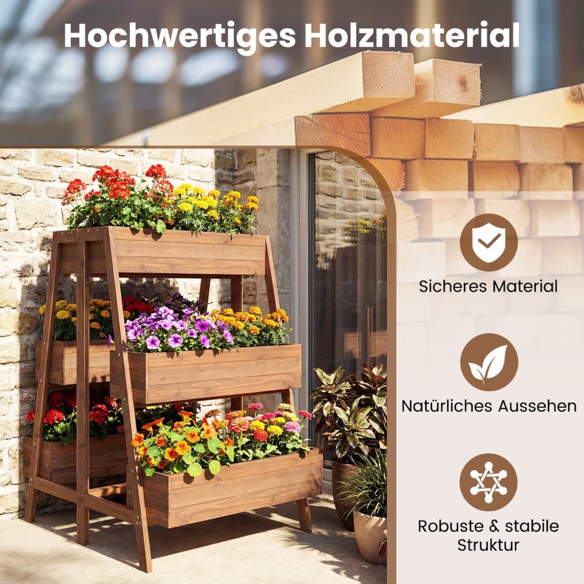 Medinė daugiaaukštė pakelta lysvė su 6 sodinimo dėžėmis (Natūrali) – Paveikslėlis 3