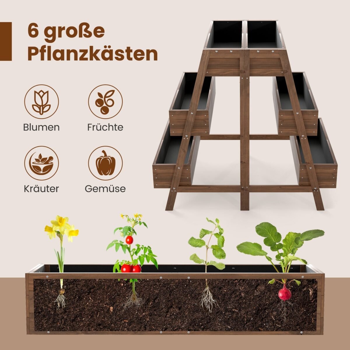 Medinė daugiaaukštė pakelta lysvė su 6 sodinimo dėžėmis (Natūrali) – Paveikslėlis 4