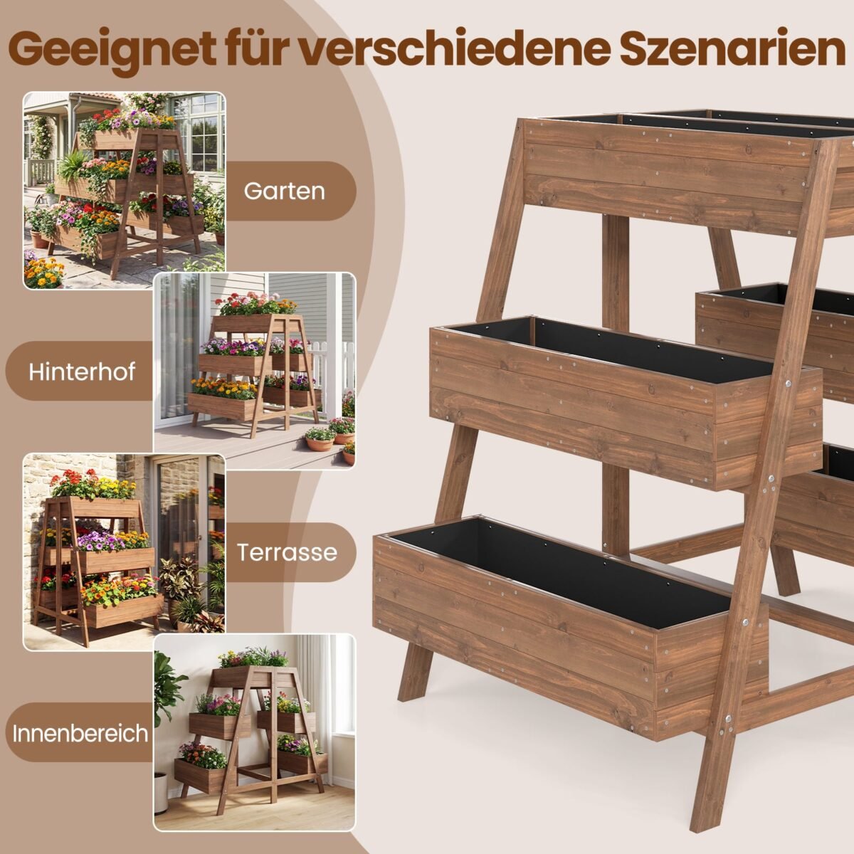 Medinė daugiaaukštė pakelta lysvė su 6 sodinimo dėžėmis (Natūrali) – Paveikslėlis 5