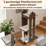 Medinė kačių draskyklė 120 cm su sizalio stulpais ir keliomis platformomis (Rūdiškai ruda) – Paveikslėlis 3