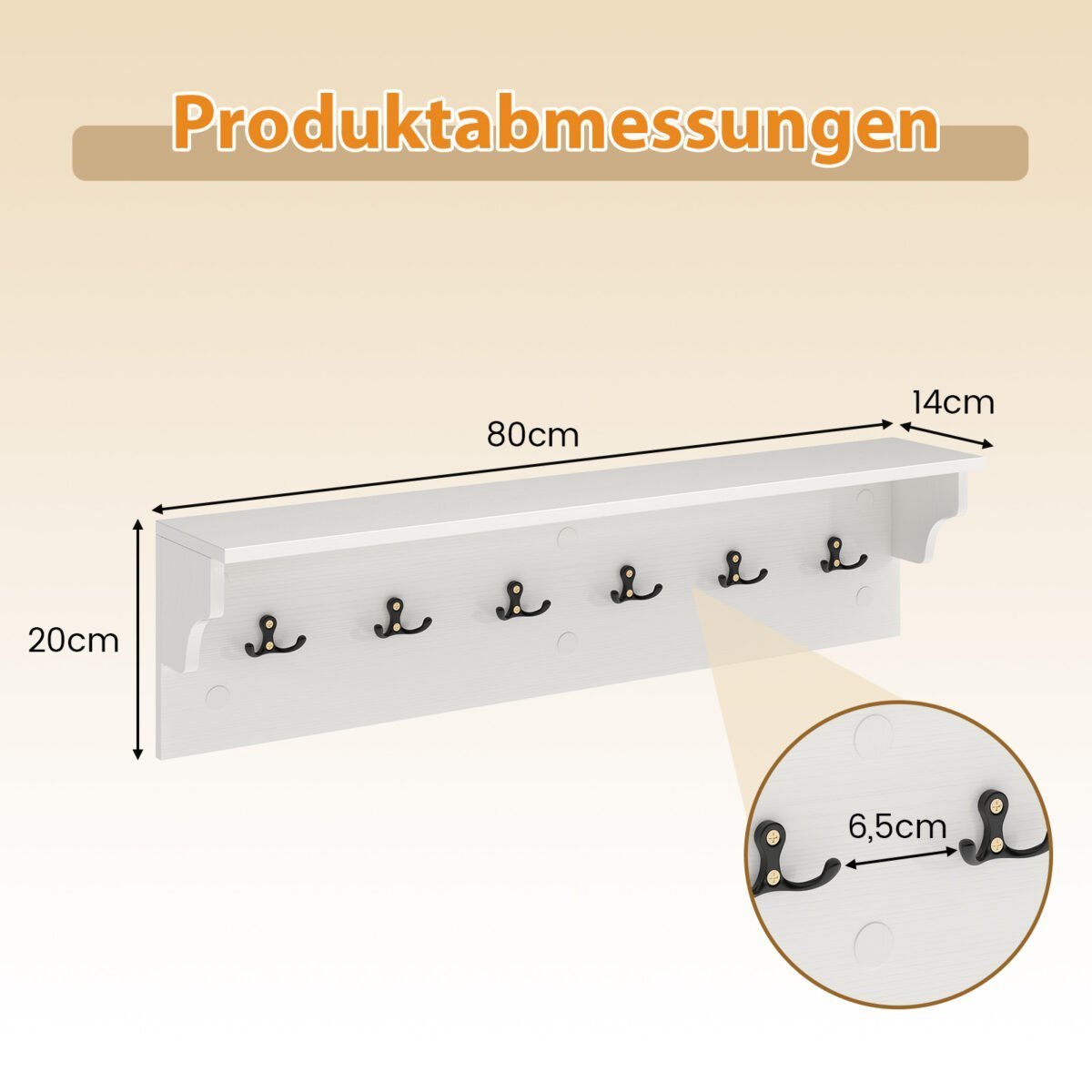 Medinė sieninė kabykla su lentyna ir 6 kabliukais (Balta) – Paveikslėlis 2