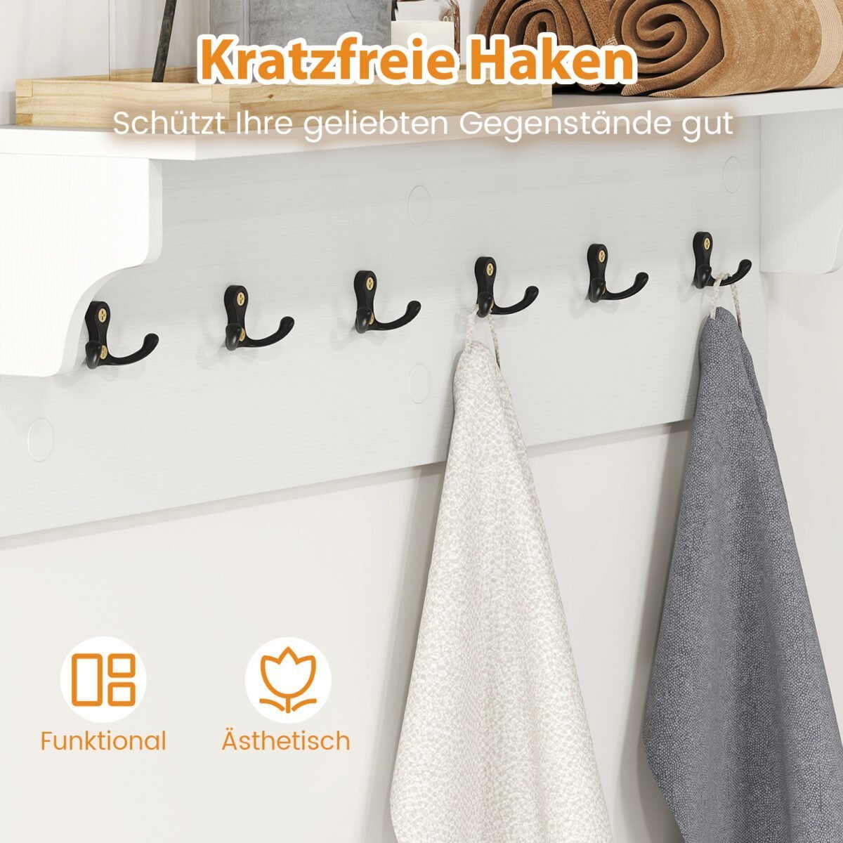 Medinė sieninė kabykla su lentyna ir 6 kabliukais (Balta) – Paveikslėlis 4