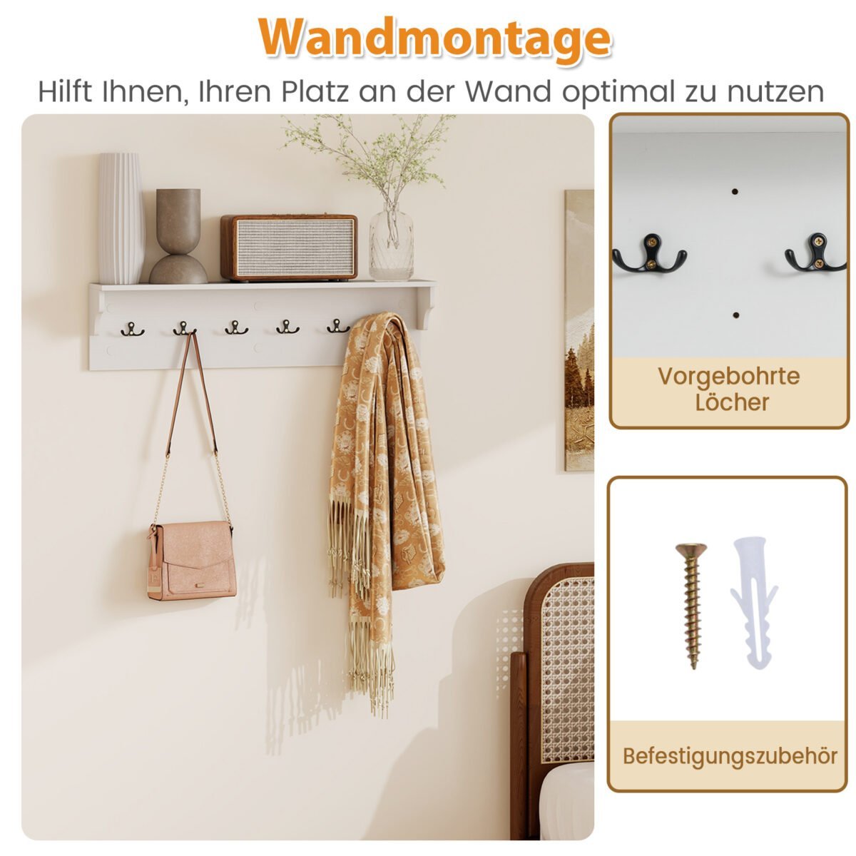 Medinė sieninė kabykla su lentyna ir 6 kabliukais (Balta) – Paveikslėlis 5