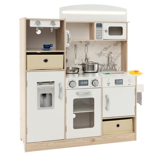 Medinė žaidimų virtuvėlė su reguliuojamais LED šviestuvais ir gausia saugykla (Balta)