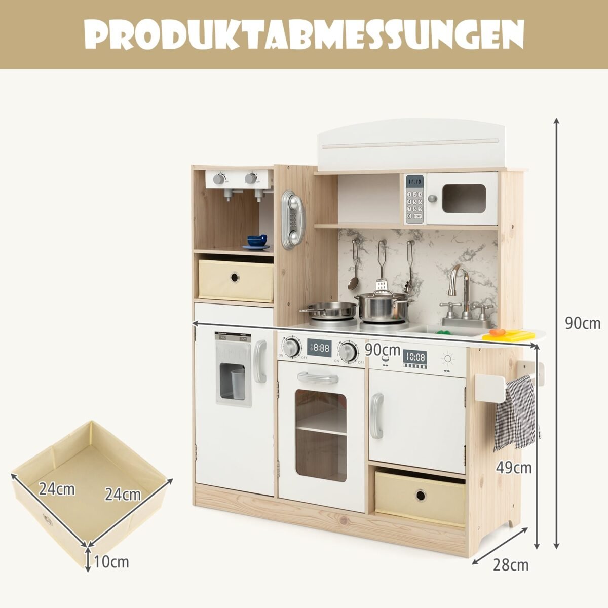 Medinė žaidimų virtuvėlė su reguliuojamais LED šviestuvais ir gausia saugykla (Balta) – Paveikslėlis 2