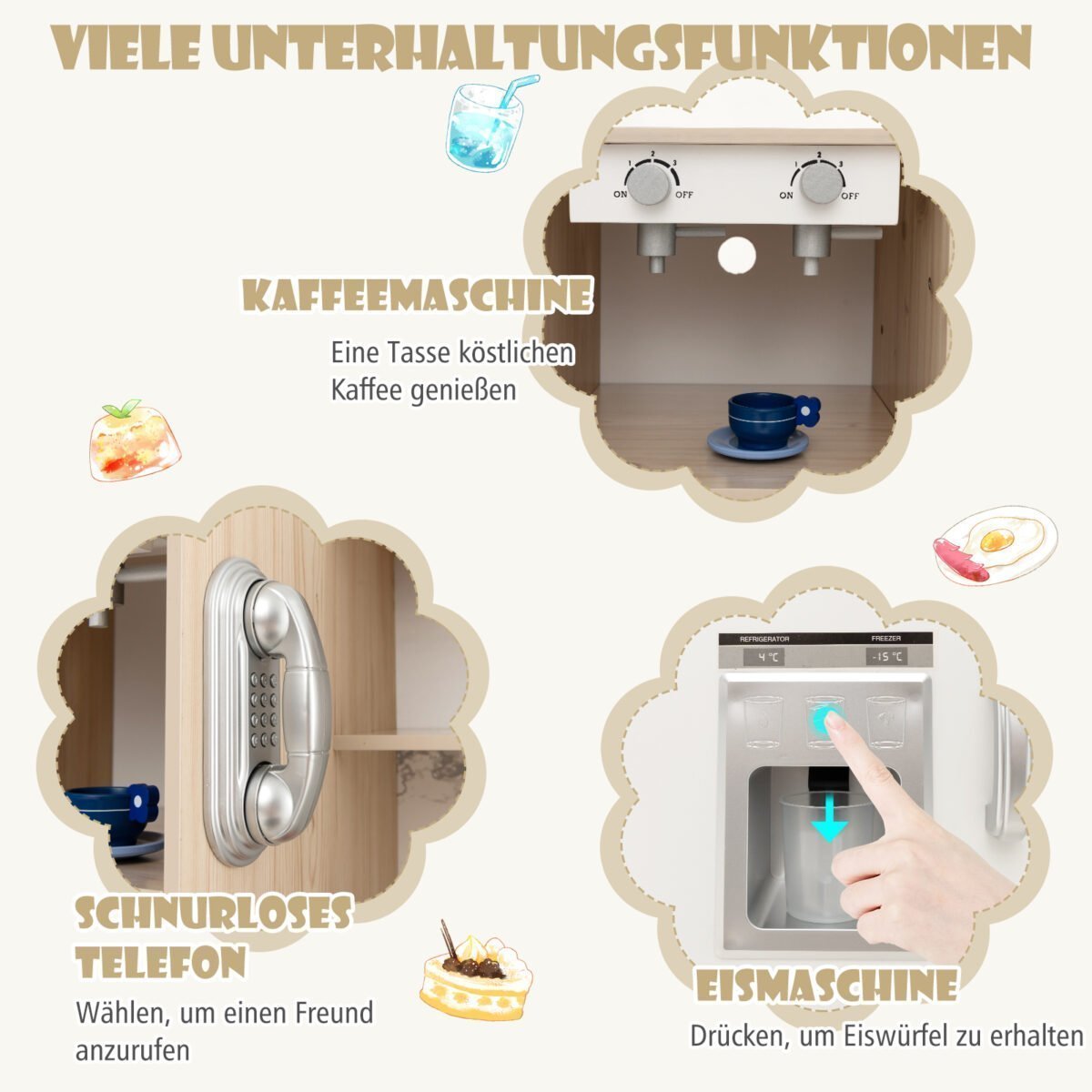 Medinė žaidimų virtuvėlė su reguliuojamais LED šviestuvais ir gausia saugykla (Balta) – Paveikslėlis 3