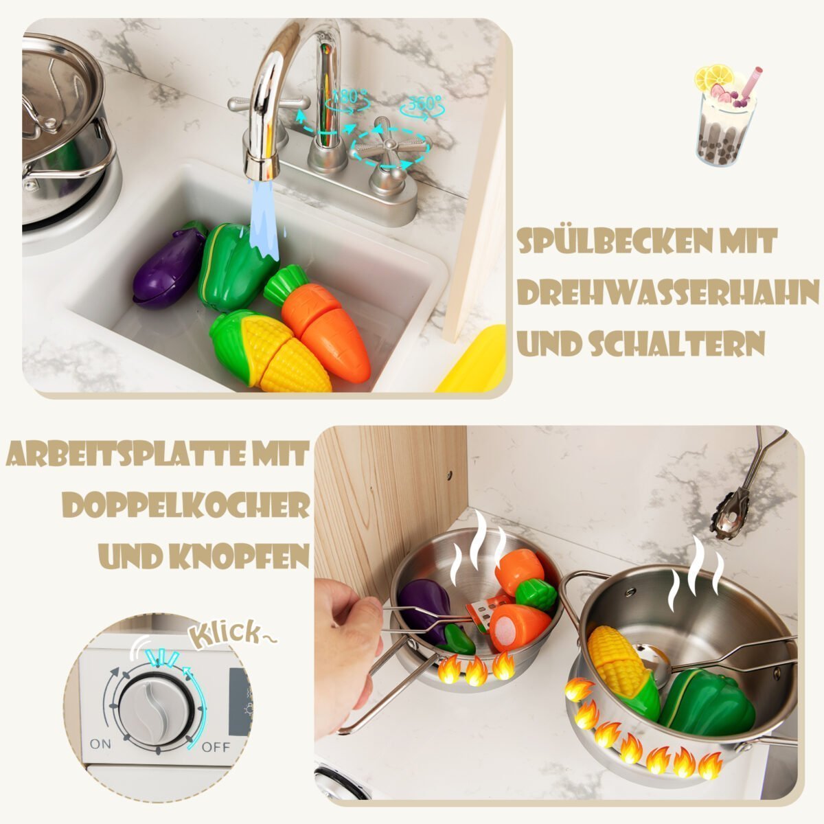 Medinė žaidimų virtuvėlė su reguliuojamais LED šviestuvais ir gausia saugykla (Balta) – Paveikslėlis 4