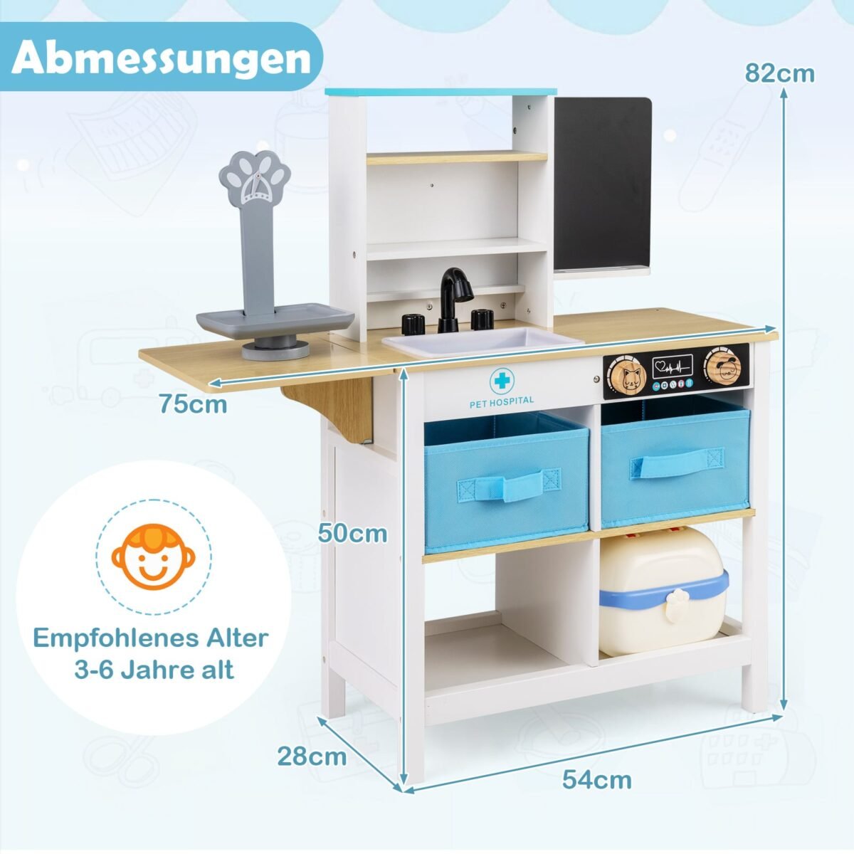 Medinis gydytojo kabineto žaidimų rinkinys vaikams su rašomąja lentele ir svarstyklėmis (Balta) – Paveikslėlis 2