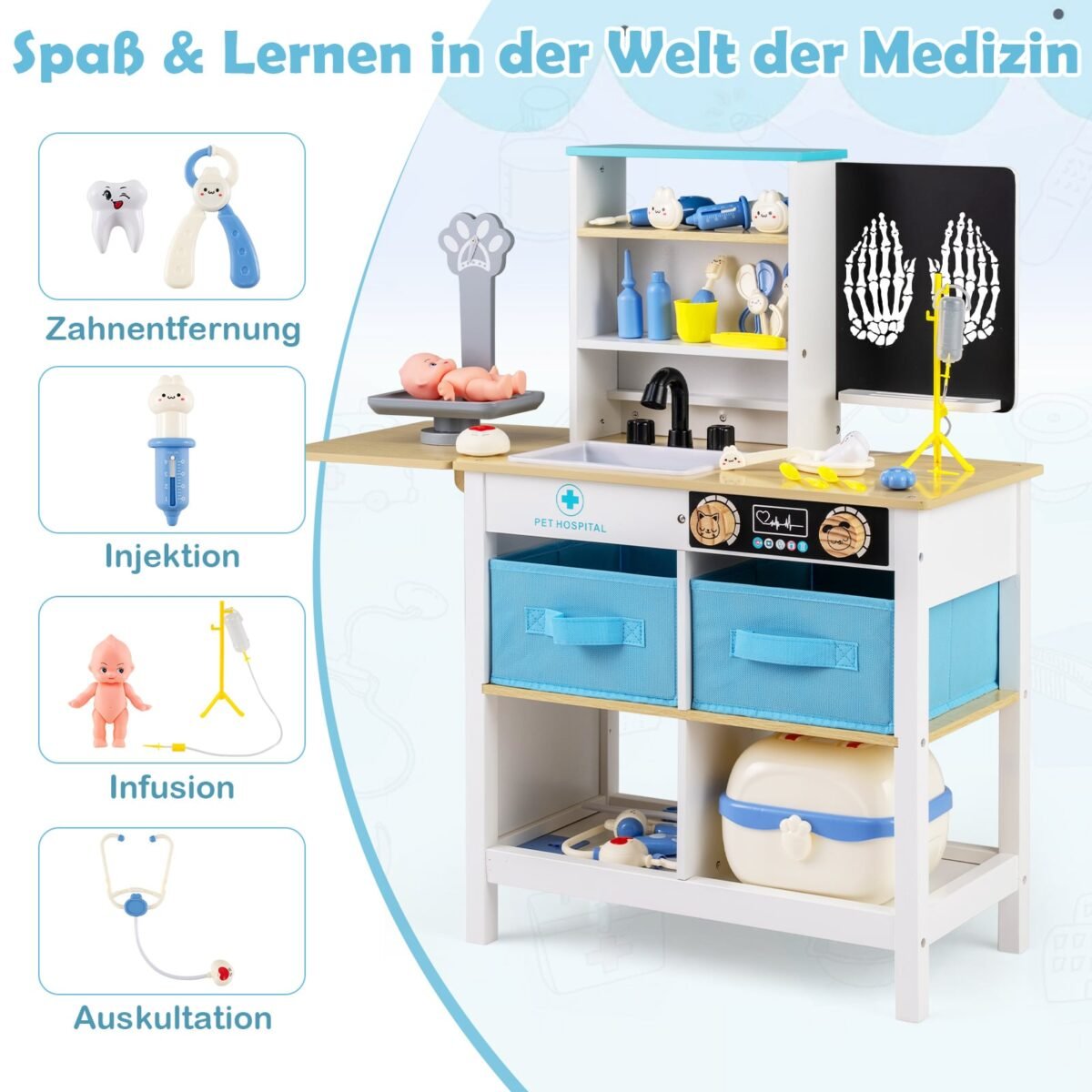 Medinis gydytojo kabineto žaidimų rinkinys vaikams su rašomąja lentele ir svarstyklėmis (Balta) – Paveikslėlis 4