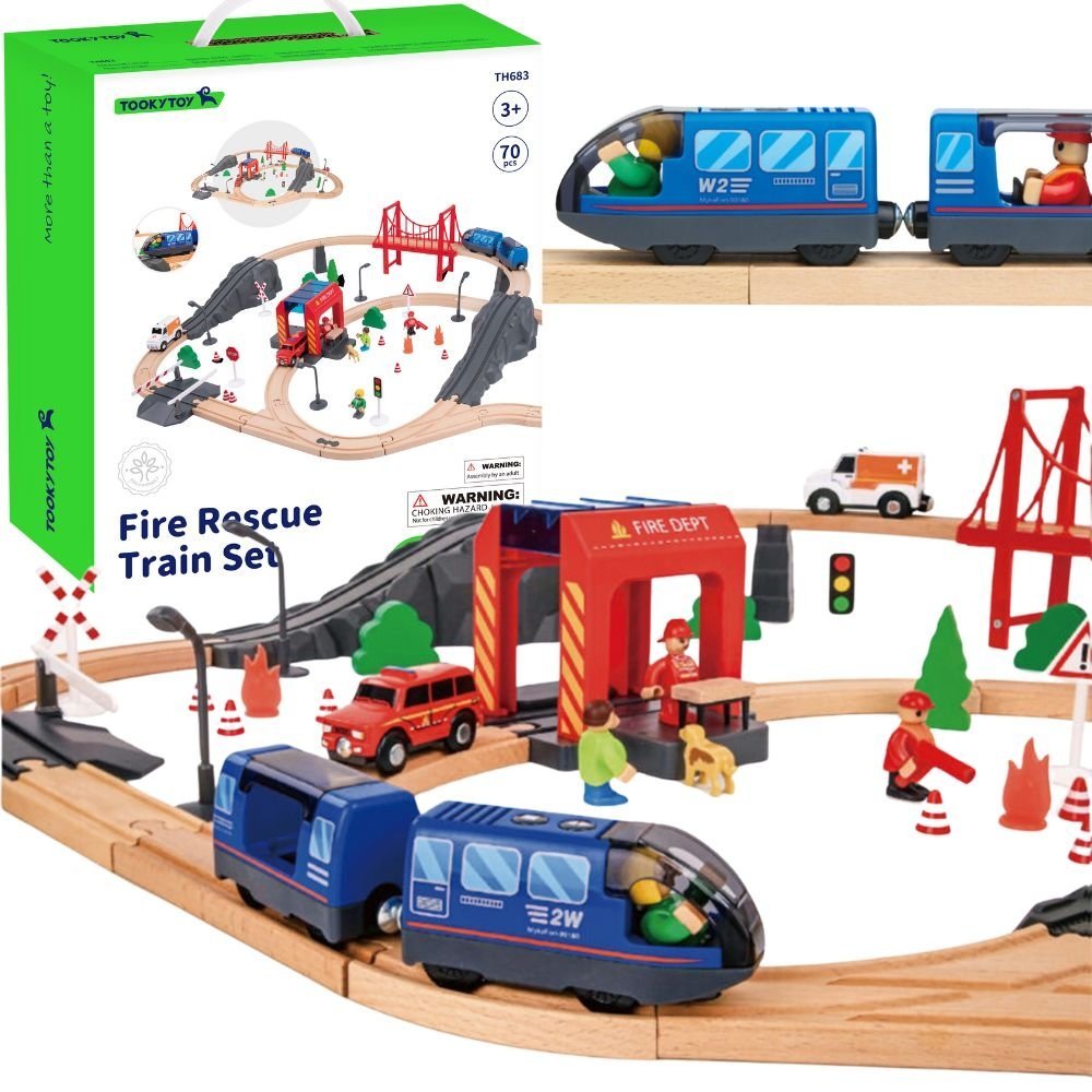 Medinis traukinukų rinkinys su gaisrine ir greitąja pagalba 70 dalių