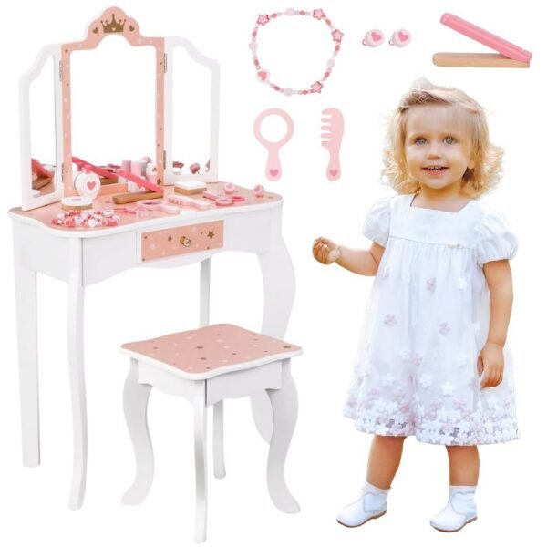 Medinis tualetinio staliuko rinkinys su veidrodžiu ir priedais