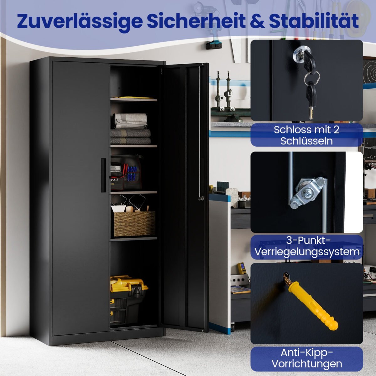 Metalinė sandėliavimo spintelė su 2 rakinamomis durelėmis (Juoda) – Paveikslėlis 3