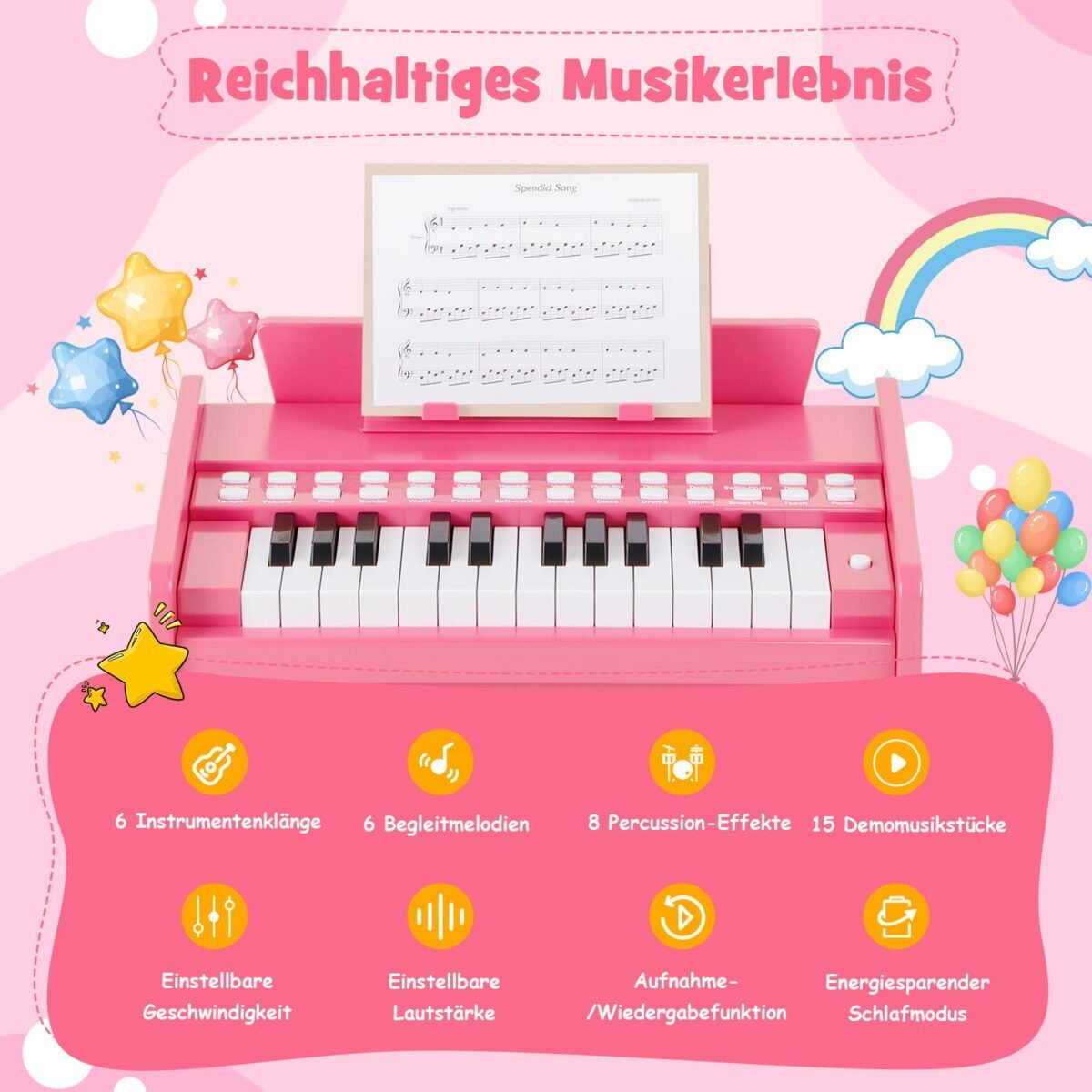 Mini skaitmeninis pianinas vaikams su 25 klaviatūros mygtukais ir reguliuojamu greičiu (Rožinė)