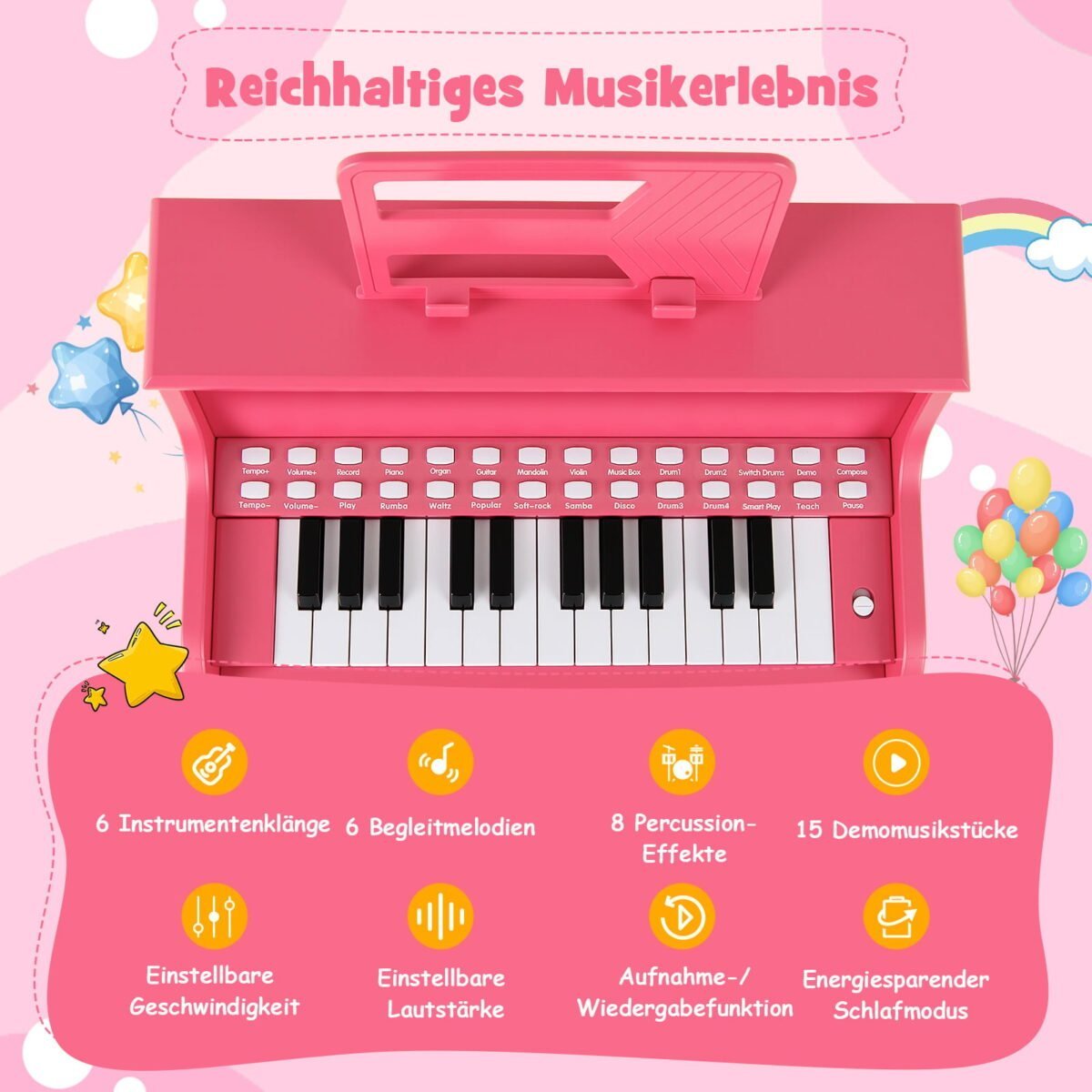 Mini skaitmeninis pianinas vaikams su 25 klavišais ir mokomuoju režimu (Rožinė) – Paveikslėlis 3
