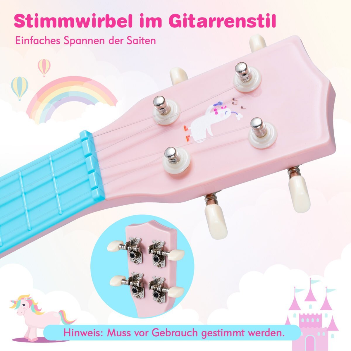 Mini ukulelė pradedantiesiems vaikams su 4 nailono stygomis (Rožinė) – Paveikslėlis 4