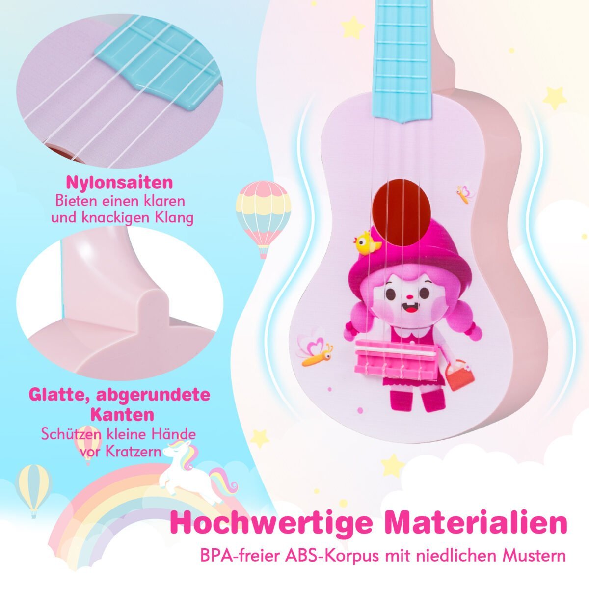 Mini ukulelė pradedantiesiems vaikams su 4 nailono stygomis (Rožinė) – Paveikslėlis 5