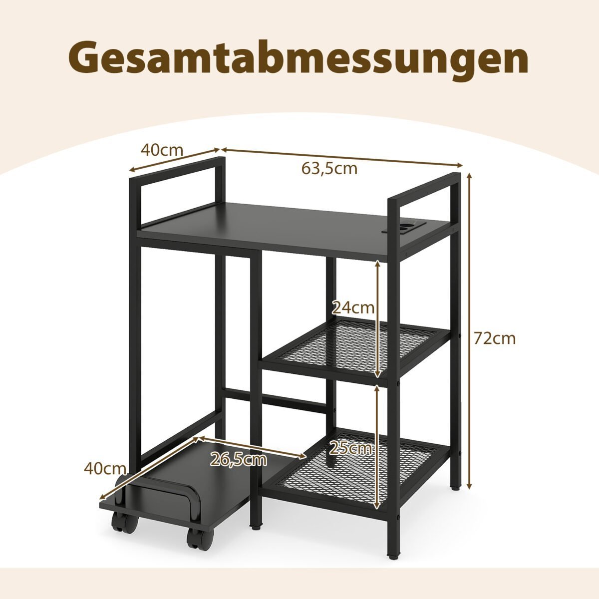 Mobilus 3 pakopų spausdintuvo stovas su įkrovimo stotele (Juoda) – Paveikslėlis 2