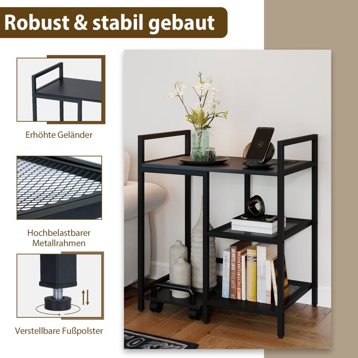 Mobilus 3 pakopų spausdintuvo stovas su įkrovimo stotele (Juoda) – Paveikslėlis 5