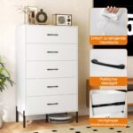 Moderni aukšta 5 stalčių komoda su metalinėmis kojelėmis (Balta) – Paveikslėlis 3