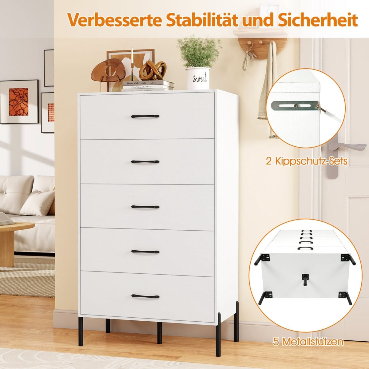 Moderni aukšta 5 stalčių komoda su metalinėmis kojelėmis (Balta) – Paveikslėlis 5