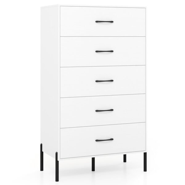 Moderni aukšta 5 stalčių komoda su metalinėmis kojelėmis (Balta)