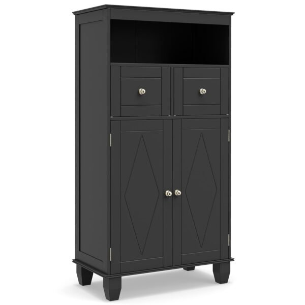 Moderni laisvai pastatoma vonios spintelė su reguliuojama lentyna ir stalčiais (Juoda)