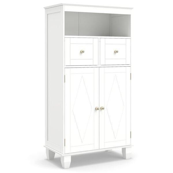 Moderni laisvai pastatoma vonios spintelė su stalčiais ir reguliuojama lentyna (Balta)