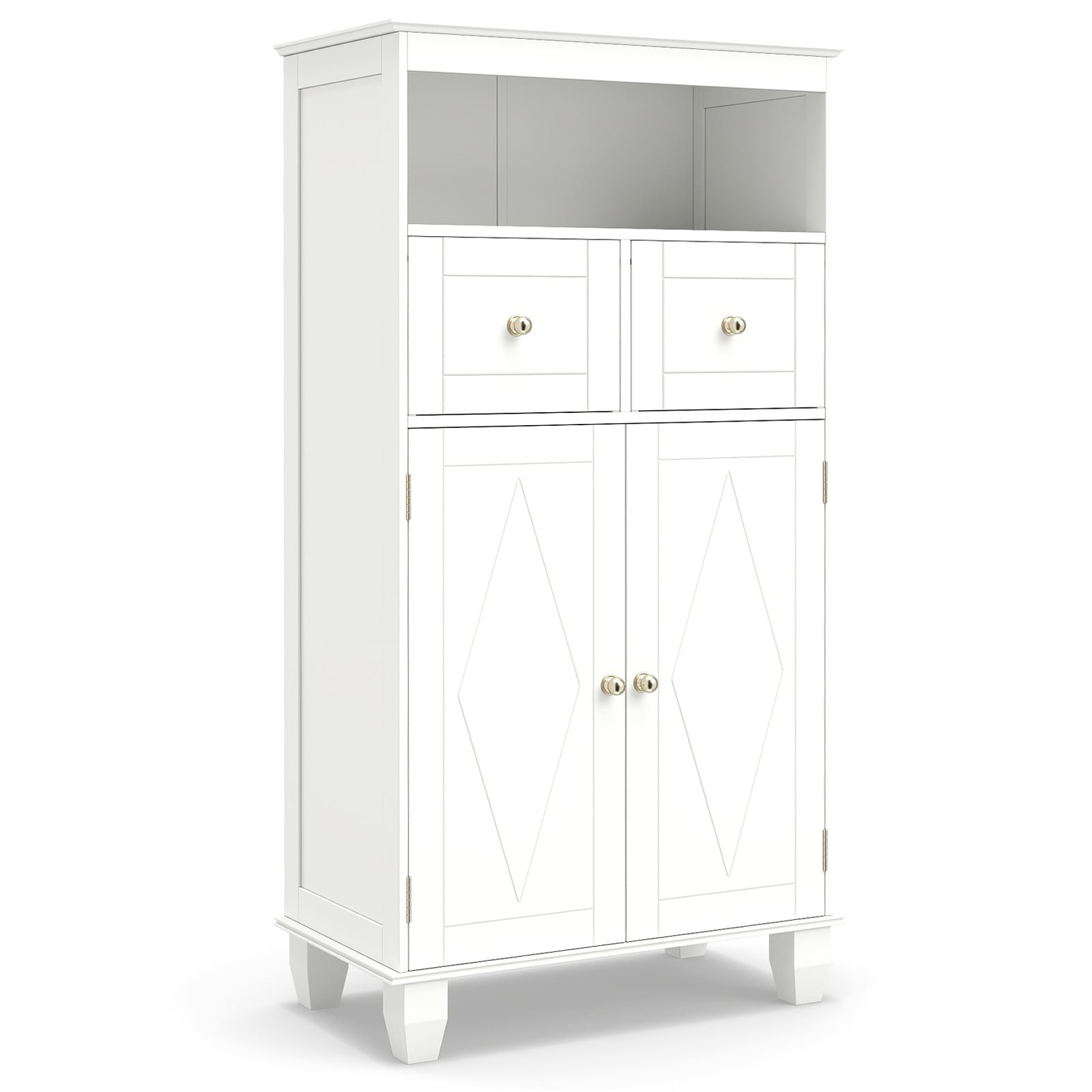 Moderni laisvai pastatoma vonios spintelė su stalčiais ir reguliuojama lentyna (Balta)