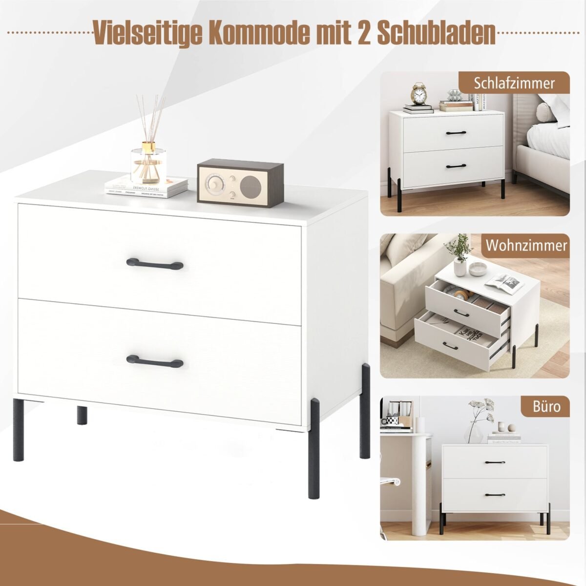 Moderni spintelė su 2 stalčiais ir metalinėmis kojomis (Balta)