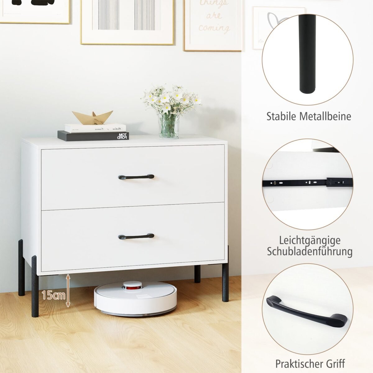 Moderni spintelė su 2 stalčiais ir metalinėmis kojomis (Balta) – Paveikslėlis 2