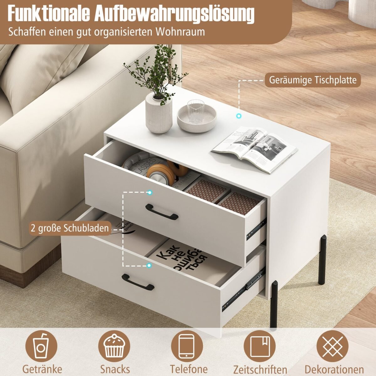 Moderni spintelė su 2 stalčiais ir metalinėmis kojomis (Balta) – Paveikslėlis 4