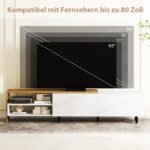 Modernus TV staliukas iki 80 colių televizoriams su talpiomis lentynomis ir metalinėmis kojelėmis (Balta)