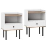 Modernūs naktiniai staliukai su stalčiais ir metalinėmis kojomis 2 vnt. (Balta)