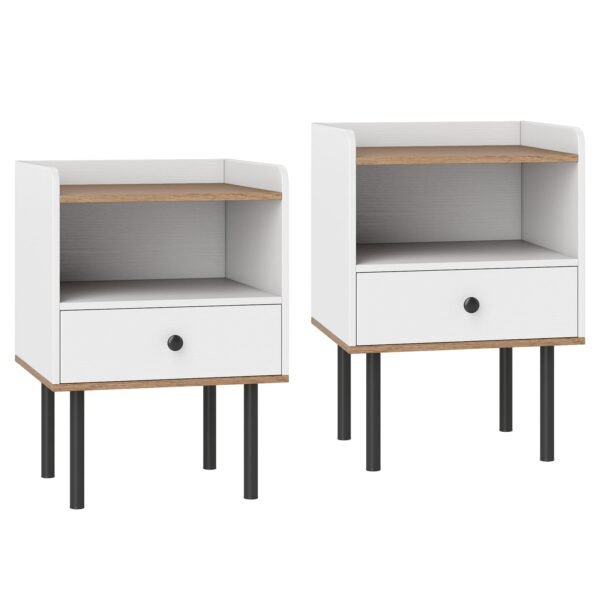 Modernūs naktiniai staliukai su stalčiais ir metalinėmis kojomis 2 vnt. (Balta)