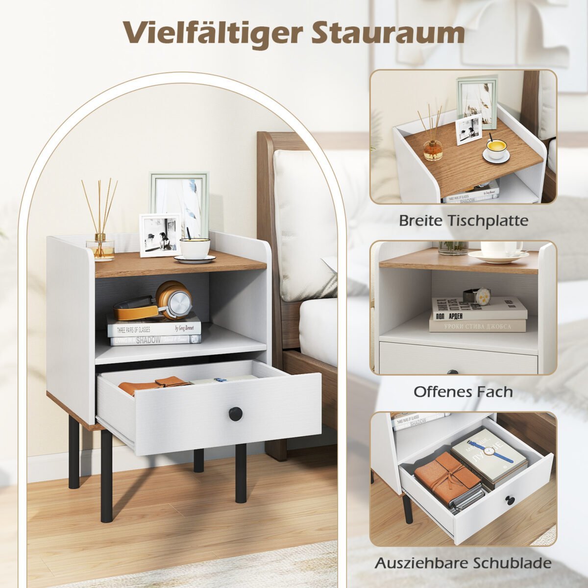 Modernus naktinis staliukas su stalčiumi ir atvira lentyna (Balta) – Paveikslėlis 4