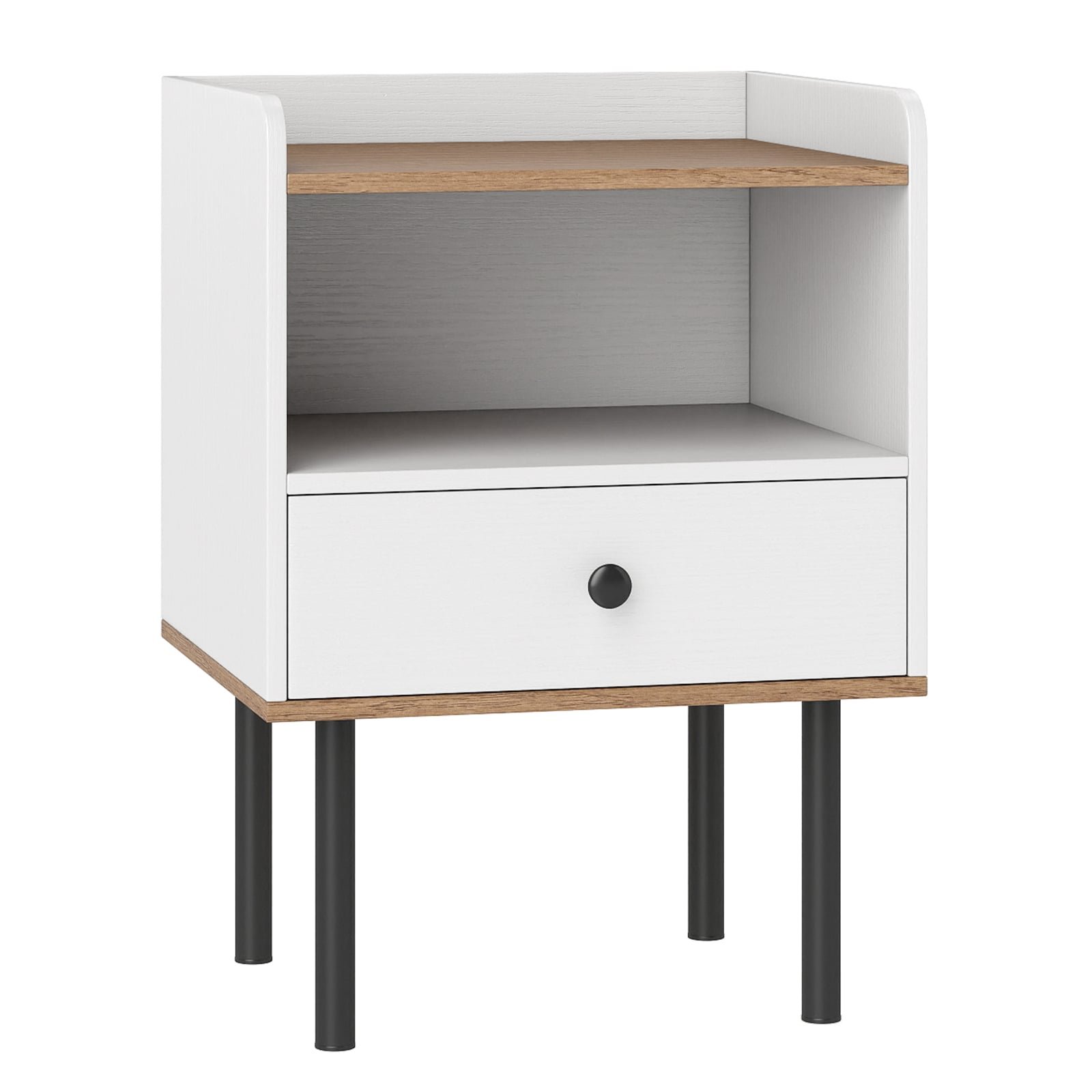 Modernus naktinis staliukas su stalčiumi ir atvira lentyna (Balta)