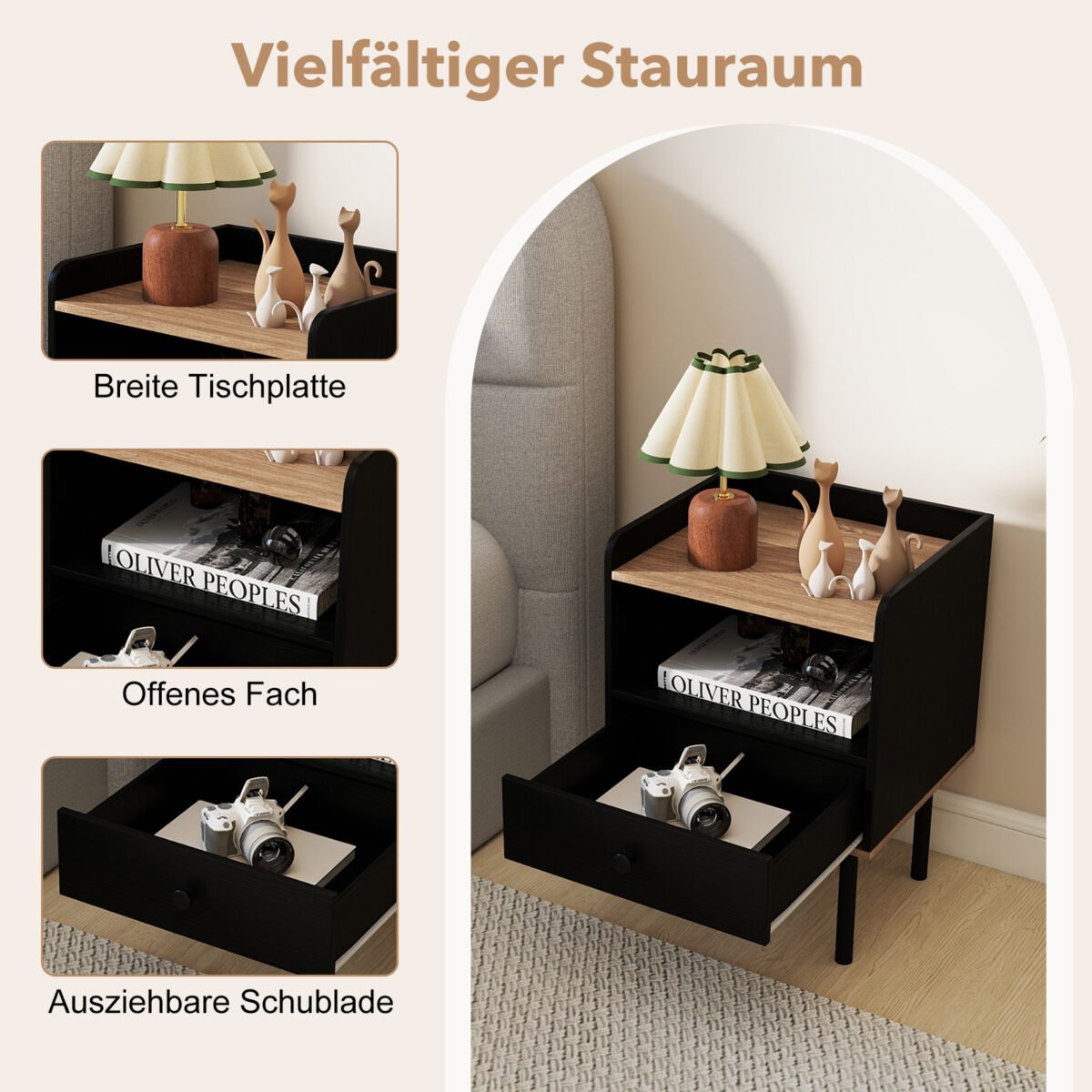 Modernus naktinis staliukas su stalčiumi ir atvira lentyna (Juoda) – Paveikslėlis 3