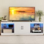 Modulinė TV spintelė su LED apšvietimu ir reguliuojamomis stiklo lentynomis (Balta)