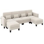 Modulinė U formos keturvietė kampinė sofa su USB ir Type-C įkrovimo jungtimis (Smėlio spalvos)