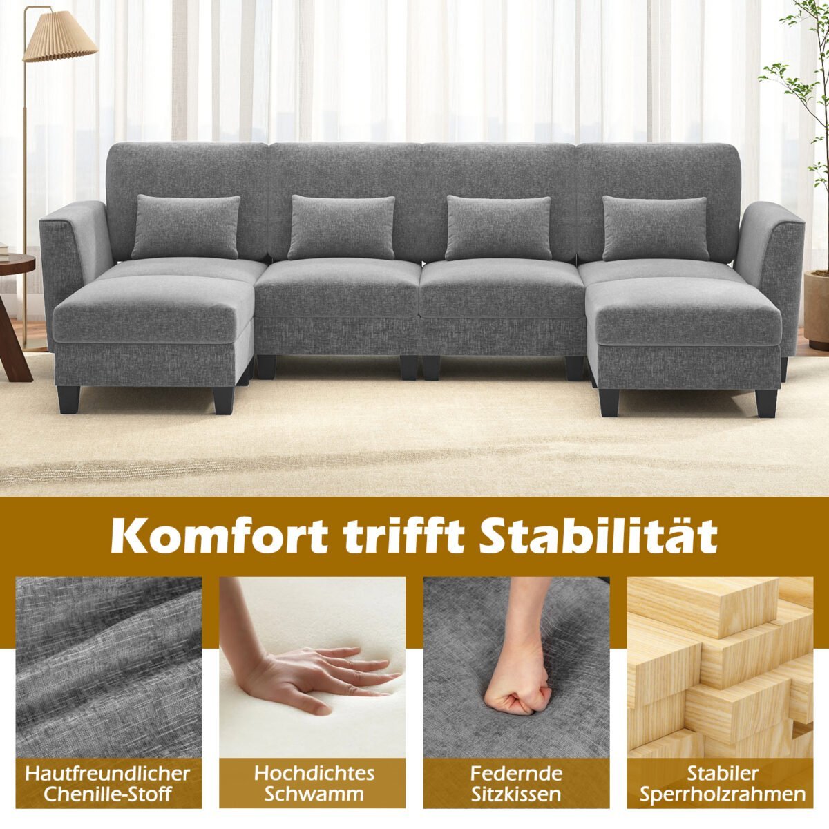 Modulinė U formos sofa su 2 otomanomis ir USB/Type-C įkrovimo jungtimis (Pilka) – Paveikslėlis 4