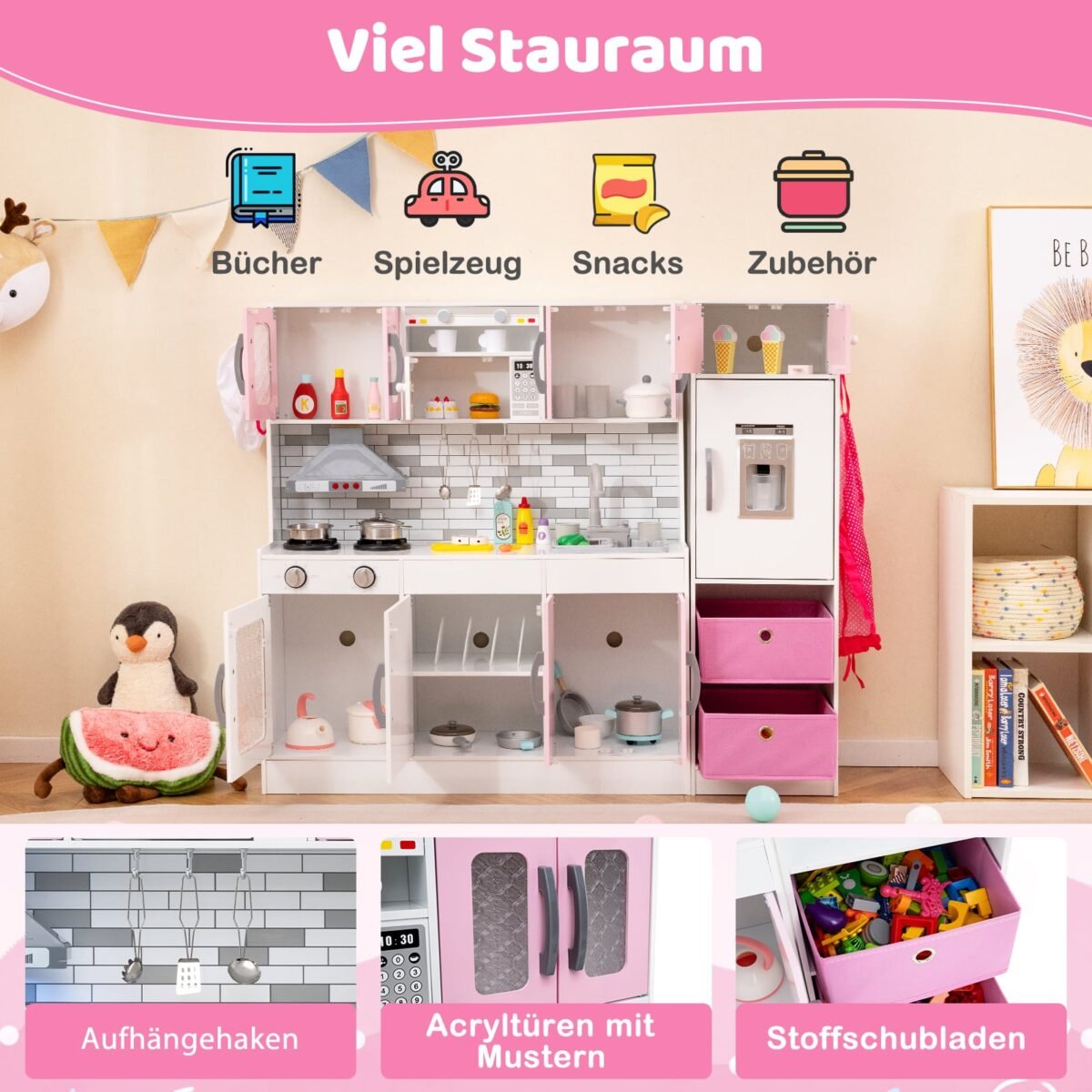 Moduliuojama medinė žaidimų virtuvė su šaldytuvu šviesos ir garso efektais (Rožinė)